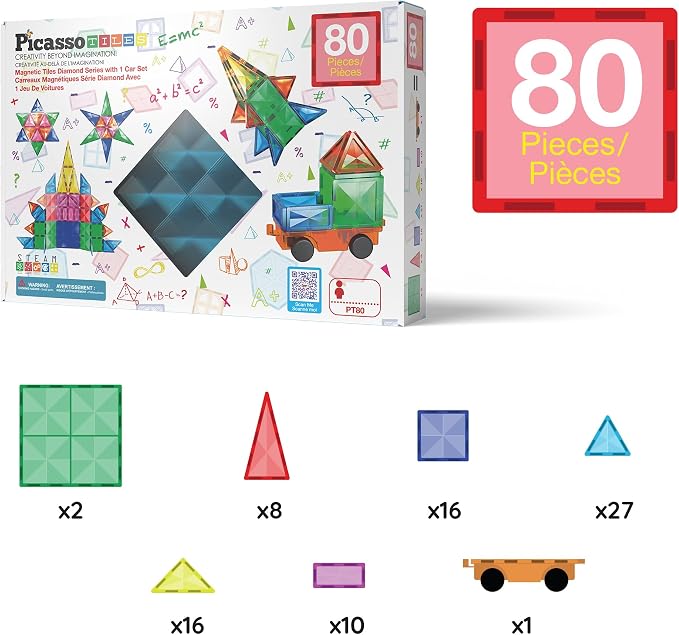 PicassoTiles 80 Piece Magnetic Tiles, STEM Building Set with Car, Ages 3+ | 79 diamond-cut shapes, 1 rolling base, 10 squares, 59 triangles, 10 rectangles, BPA-free, educational learning, creative fun