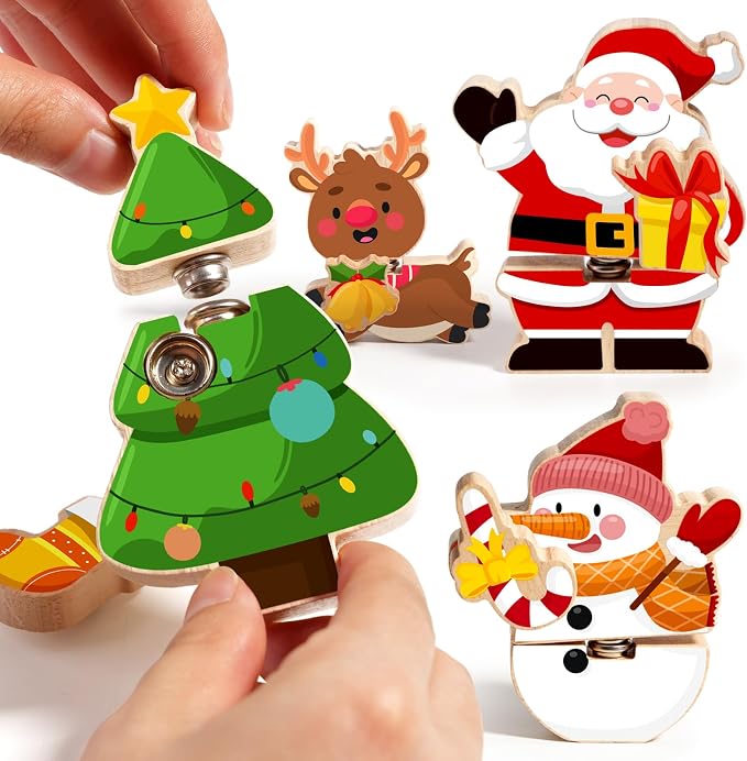 HUZU Wooden Snap Together Button Building Blocks for Kids 3-8, Easter and Animals 3D Puzzle Toys, Montessori Educational STEM Fine Motor Skills Learning Toys (Christmas Friends)