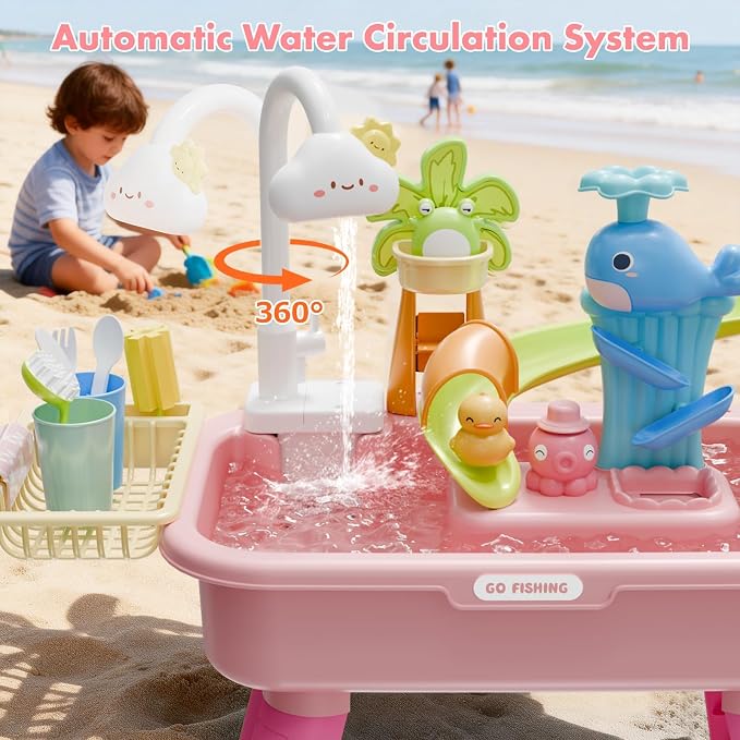Water Table for Toddlers 1-3 Fishing & Sink Pink | Kids Sand Water, 43 Accessories 4L Basin, Fishing & Kitchen Sink Play. Perfect Summer Gift for Kids Ages 3-8