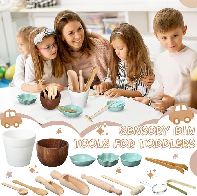 14pcs Sensory Bin Tool Sensory Tools for Boys and Girls Fine Motor Skill Toys Wooden Tong Spoons Bowls Plate Hammer Magnifying Glass and Rolling Pin for Transfer Work and Fine Motor Learning