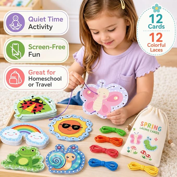 Lacing Cards for Toddlers Fine Motor Skills Montessori Travel Activities | Summer Theme Double-Sided Sewing Cards with Colorful Laces Classroom Supplies Quiet Time Educational Games for Kids ﻿