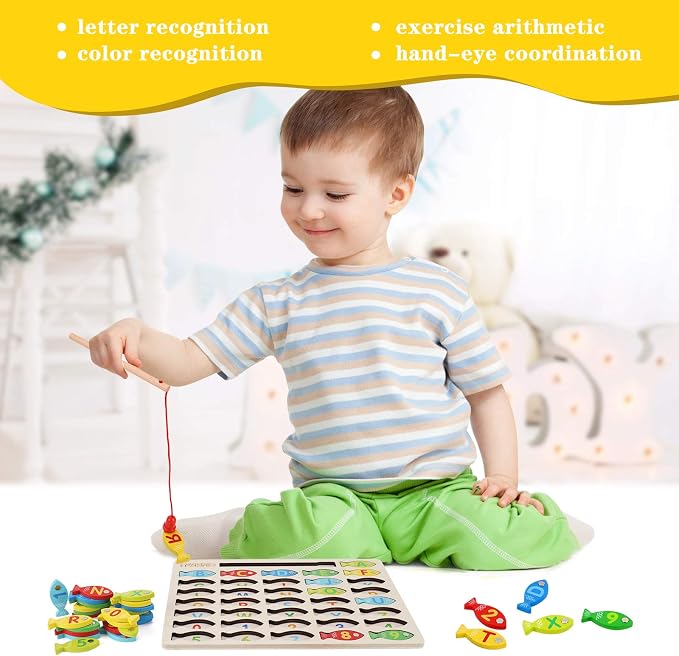 Magnetic Wooden Fishing Game Toy for Preschoolers, Alphabet Fish Catching Counting Games Puzzle with Numbers and Letters, Preschool Learning ABC and Math Educational Toys for 3 4 5 Years Old Kids