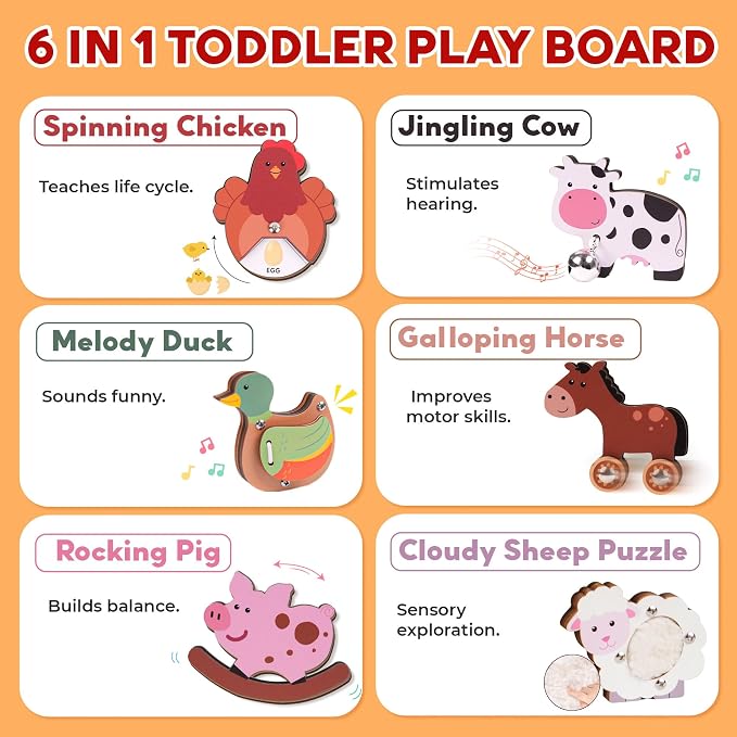 KALOTOYS Wooden Farm Animal Puzzle for Toddlers 1-3 – 6 Piece Montessori Sound & Sensory Puzzle with Textures & Hatching-Egg Chicken – Fine Motor Learning Toy & Autism-Friendly Baby Gift