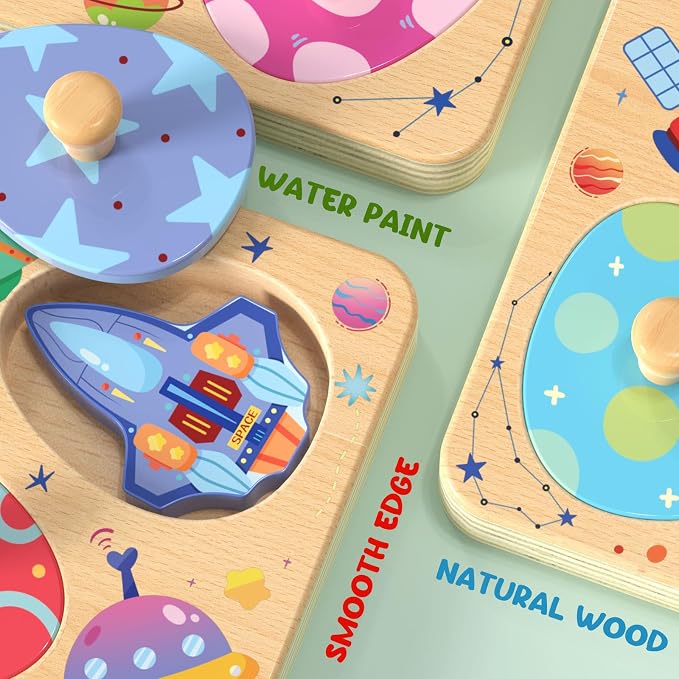 Zeoddler Wooden Puzzles for Toddlers, 8 Pcs Space Matching Egg Puzzle, Solar System for Kids, Montessori Toys for Boy Girl Easter Birthday Gifts, Educational Toys for Boys, Girls