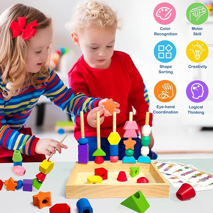 Montessori Wooden Beads Sequencing Toy Set, Sorting Stacking Blocks & Lacing Beads & Shape Matching Stacker for 2 3 4 5 Years Kids Preschool Learning Fine Motor Skills Toys Gifts for Toddler Boy Girl