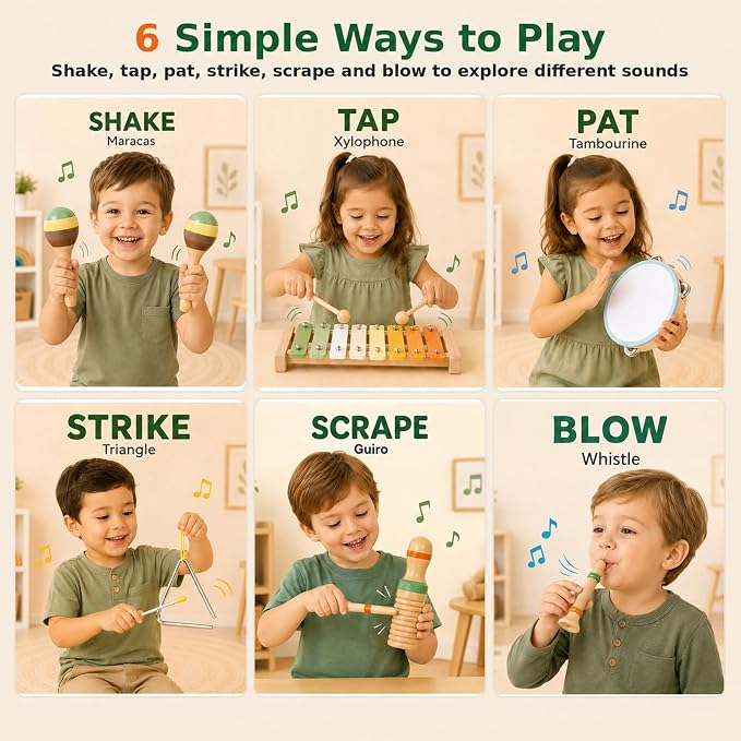 Wooden Musical Instruments, 12-Piece Montessori Percussion Set for Kids 3+ | No batteries required, combining melody, rhythm and varied sounds through open-ended exploration