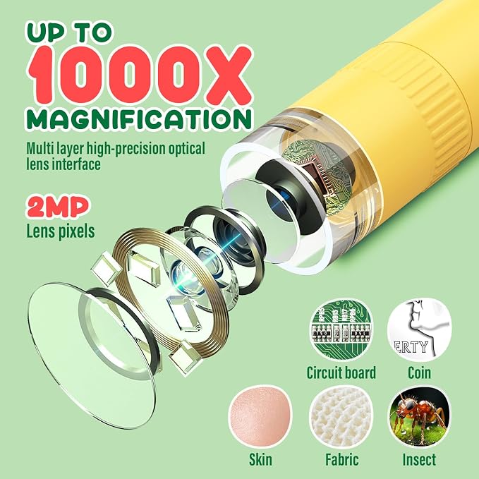IMICHI Microscope for Kids 50X-1000X 2 inch IPS HD Screen, 32GB Storage Card, 1080P Video, 2-Hour Battery Life, Easy Carry, Slides Included - Perfect Science Kit Gift for Kids Ages 8-12 Yellow