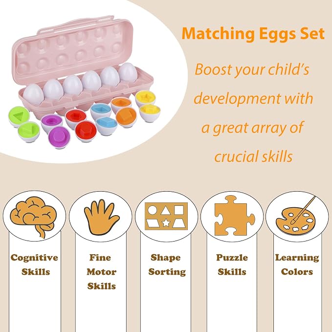 Hhyn Color Shape Matching Eggs, Pink, 12 Eggs | Preschool Learning Educational Sorting, Easter Eggs Toys Gift, Recognition Skills for Kids Boys Girls with Eggs Holder