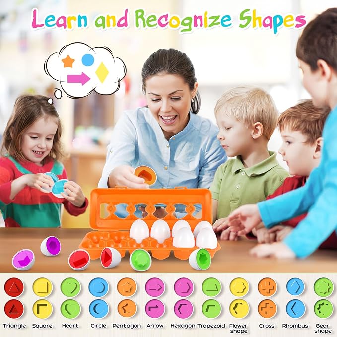 Matching Egg Toy 12 Pcs Develops Toddlers' Color & Shape Recognition Skills | Easter Basket Gift for Boys & Girls, Montessori Travel Toy for Kids 1-3, Fun Sorting Puzzle for Daily Early Education