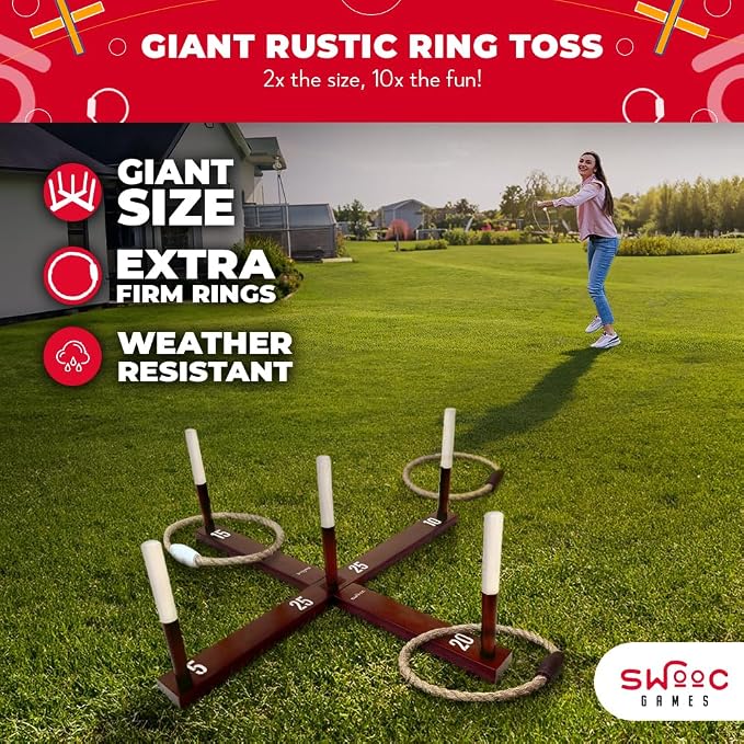 Swooc Games - Rustic Ring Toss Game (All Weather) - Easy Setup & Extra Games Included - Ring Toss Game for Adults - Outdoor Activities for Adults - Yard Toys for Kids - Backyard Fun - Outdoor Party