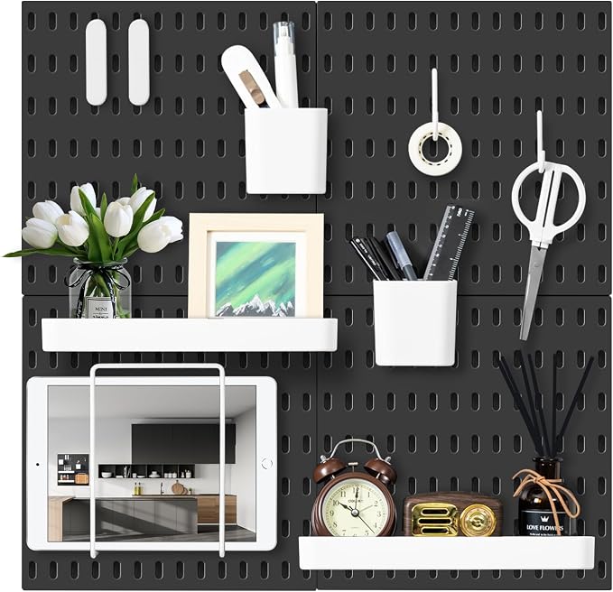 VUSIGN Pegboard Combination Wall Organizer Kit 22" x 22", Black | 4 Pieces Pegboards and 17 Accessories, Wall Mount Display Peg board Panel Kits for Bedroom, Home, Office, Bathroom