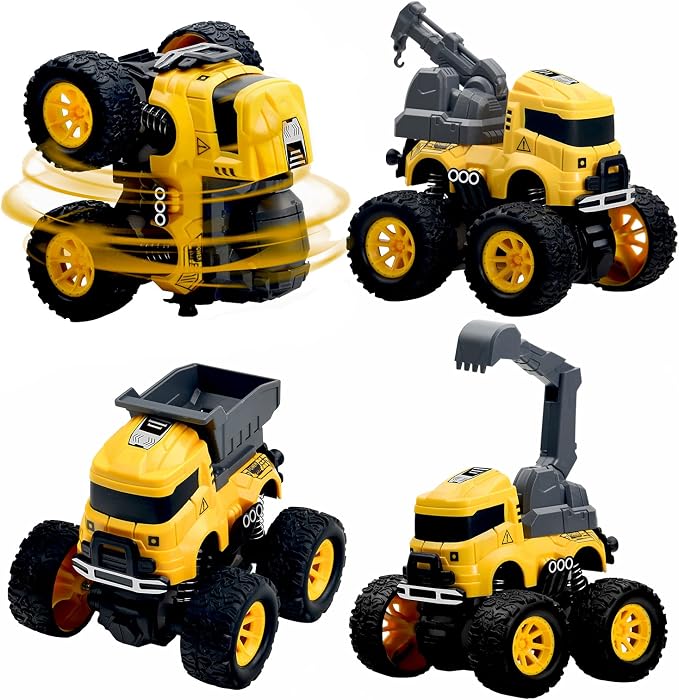 4 Pcs Construction Monster Truck Toys, Monster Trucks Friction Powered Car | Excavator, Mixer, Crane, Dump Trucks Toy, Push & Go 360° Roating Cars for Toddlers Kids Xmas Birthday Gifts for 3+ Boys Girls