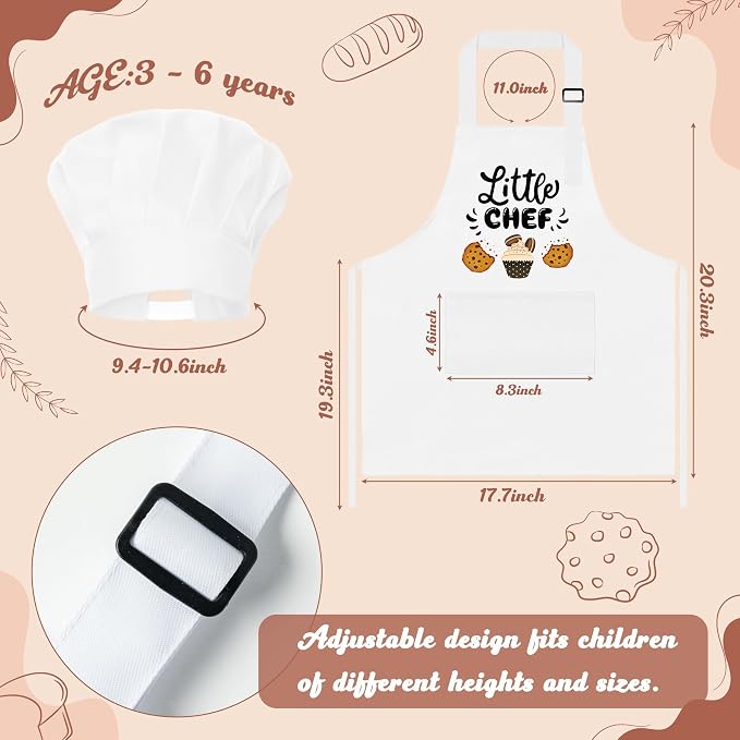 R HORSE 2 Pieces Kid Apron and Chef Hat Set, Dress up Pretend Play Toy | White Little Chef Adjustable Children Kitchen Apron Set, Ideal for Cooking, Baking, Painting, Training, Cooking Birthday Gift