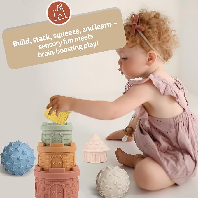 Baby Stacking Cups & Sensory Ball Set, Sensory Toys for Babies | 5 Colored Castle Cups, 3 Textured Balls, Soft Castle Nesting Blocks, Teether, Bath & Travel Play, Gifts for Toddlers 1-3