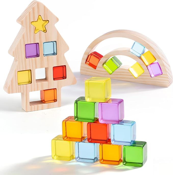 Wooden Building Blocks Set for Kids, Rainbow & Tree Wood Frame - 24 PCS Acrylic Gem Cubes Stacking Blocks, Montessori Stacking Toys, Educational Birthday Toys Gift for Toddlers 3-6