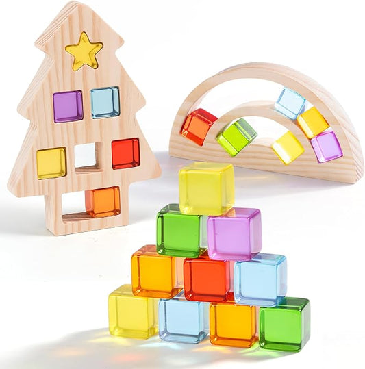 Wooden Building Blocks Set for Kids, Rainbow & Tree Wood Frame - 24 PCS Acrylic Gem Cubes Stacking Blocks, Montessori Stacking Toys, Educational Birthday Toys Gift for Toddlers 3-6