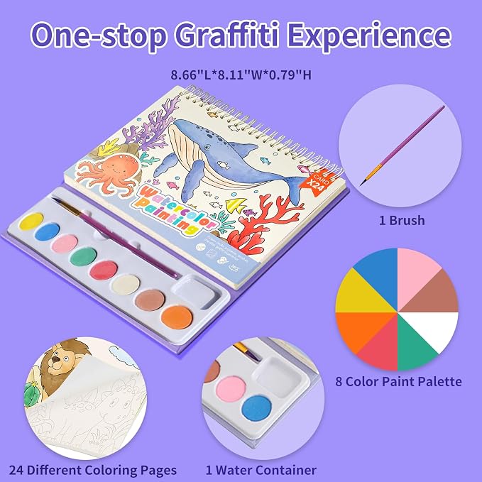 Cavnewt Watercolor Coloring Books for Kids Ages 4-8, Mess Free Watercolor Painting Book, Paint with Water Books for Toddlers, Travel Activities Arts Party Favors Birthday Gifts for Kids Girls & Boys
