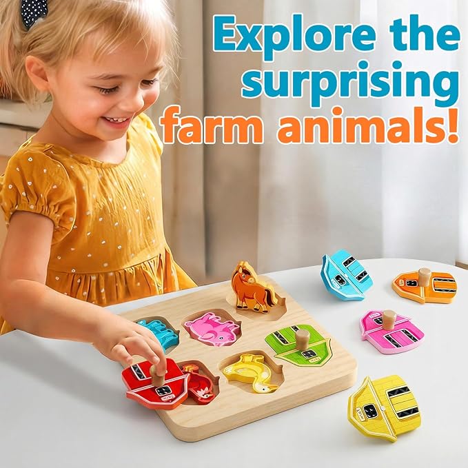 Wooden Puzzles for Toddlers 1-3 : Farm Animal Peg Puzzles, Preschool Learning Activities, Toddler Toys Age 1-2, Montessori Toys for 1 2 Year Old Boy Girl Christmas Birthday Gift | Montessori Baby Puzzles 12-18 Months - Preschool Learning Activities for...