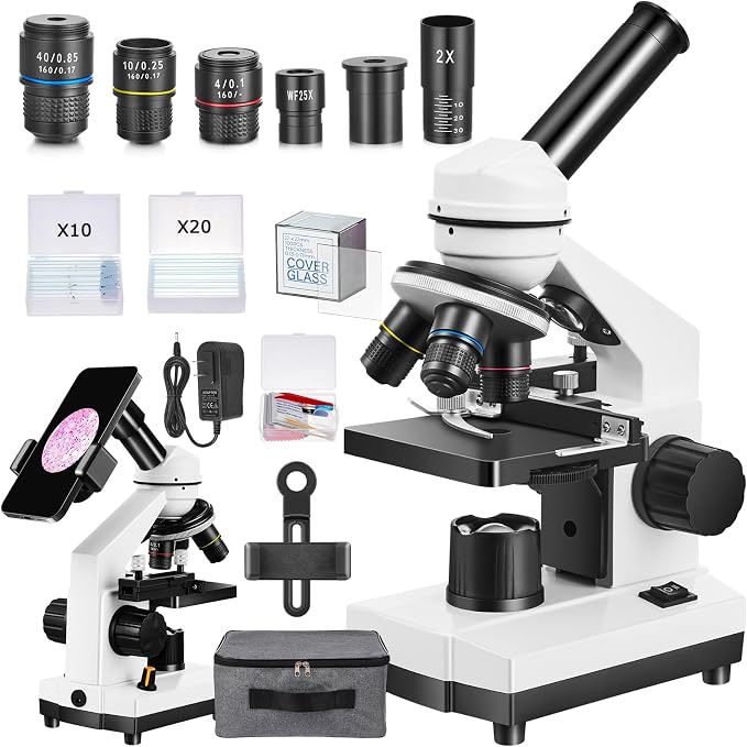 Fitense Microscope for Adults Kids,40X-2000X Monocular Microscope Kit for Home School Lab, 2 LED Lights & 5 Colors Kids Microscope with Phone Holder,10 Specimen Slides,20 Slides,100 Coverslips, Bag