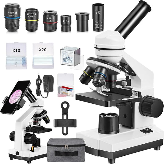 Fitense Microscope for Adults Kids,40X-2000X Monocular Microscope Kit for Home School Lab, 2 LED Lights & 5 Colors Kids Microscope with Phone Holder,10 Specimen Slides,20 Slides,100 Coverslips, Bag