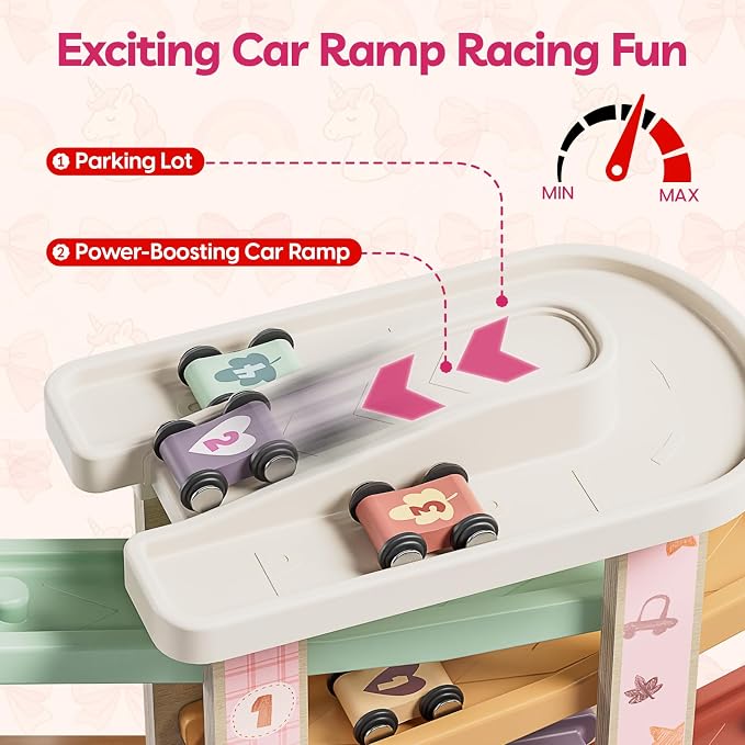 TOP BRIGHT Toddler Toys for 1 Year Old Girl Gifts, Wooden Car Ramp Toys | Includes 4 Cars & Garage, Wooden Ramp Develops Motor Skills, Montessori Learning Toy for Girls 1-3 Years