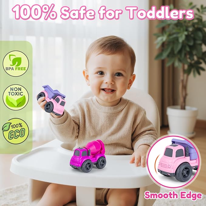 Aigitoy Toddler Car Toys Set - Mixer and Dump Truck for 2-4 Years Old | Sandbox Outdoor Vehicles Toy, No BPA, Phthalates, PVC, Recycled Plastic, Easter Christmas Birthday Gifts Boys Girls (Pink)