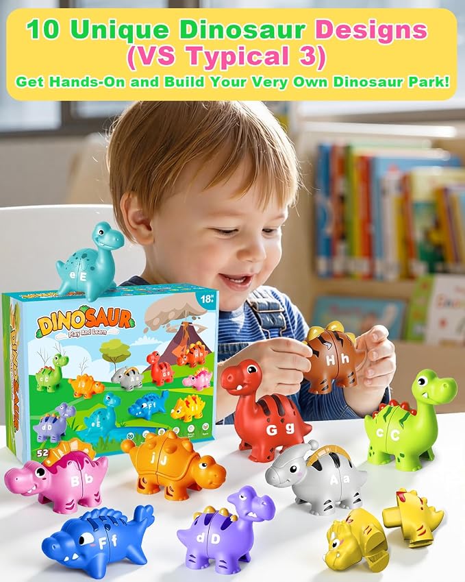 Dinosaur Alphabet Learning Toys for Toddlers Kids 3-5, 10 Unique Dinos | 26 Colorful Alphabet Dinosaurs | Child-Friendly Design | Learning Feels Like Play | Fine Motor Toys | Perfect Toddler Gift