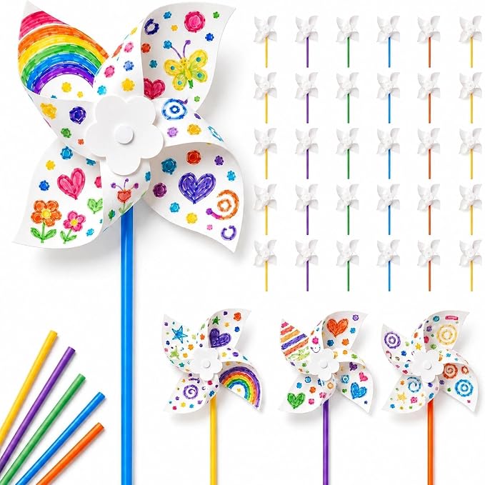LINBLIF 30 Pack DIY Pinwheels Craft Kit for Kids, Summer Paper Windmill | EASY ASSEMBLY: Blank paper pinwheels for kids to draw, paint & craft. Perfect for camp, classroom, and party favors