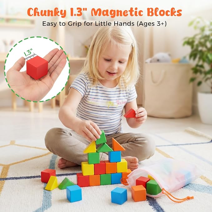 LovesTown 28PCS Large Magnet Building Blocks, 1.3inch, with a Storage Bag | STEM Building Toy, for Kids 3+, Montessori Learning Cubes, Fine Motor Skills, Creative Play