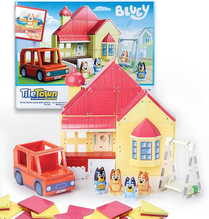 Tile Town Bluey Heeler Family Home Magnetic Tile Set, 52 Pieces | Includes Bluey & Bingo figures, action tiles, 1 vehicle; STEM building toy for kids ages 3+