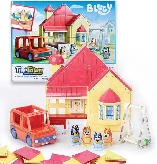 Tile Town Bluey Heeler Family Home Magnetic Tile Set, 52 Pieces | Includes Bluey & Bingo figures, action tiles, 1 vehicle; STEM building toy for kids ages 3+