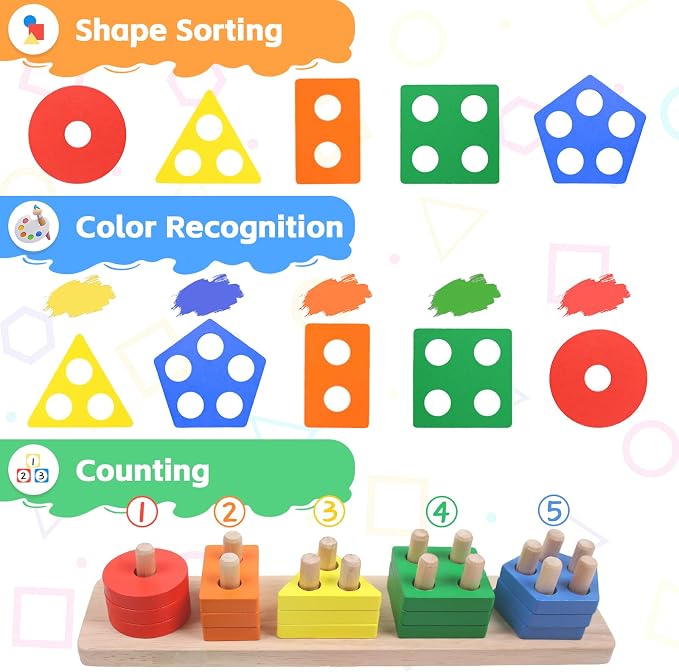 Montessori Toys Stacking & Sorting Learning Shape Sorters for Toddlers 1-3 | Color Sorting Wooden Baby Stacking Toys, Preschool Learning Activities Sensory Toys for Toddler 1-3, Christmas Gift for Kids