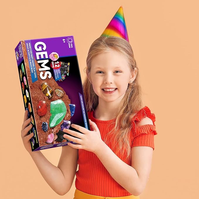 Gamerside Gemstones Dig Kit, 12 Real Gem Mining Kit, STEM Toy 6+ | Dig It Up Gemstones & Minerals, 12 Digging Tools Included, Perfect for Party Favors & Group Activities, Great Gift for Kids