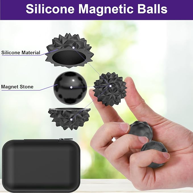 BUSOHA Silicone Magnetic Fidget Balls - 8 Pack Fidget Toys for Adult | Four Unique Textures Sensory Support,Quiet and Silent Stress Relief,Lightweight,Office,Travel,Anxiety,ADHD,Black