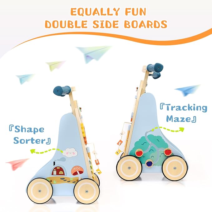 Baby Walker with 7-in-1 Montessori Activity Center for Toddlers | Wooden Baby Walker with Wheels Includes Montessori Sensory Toys and Activity Center 6-18 Months for Boys and Girls