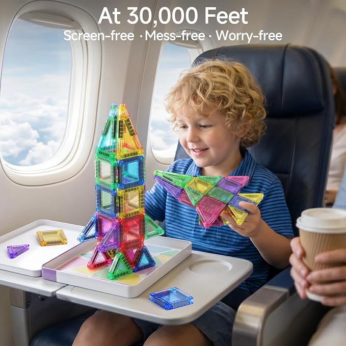 Magnetic Tiles for Kids Travel: 40pcs Portable Mini Building Toy | 30-Sec Iron Case Opens Into 10.6-Inch Play Board - STEM Gift for Toddlers Ages 3-6 - Airplane Road Trip Restaurant