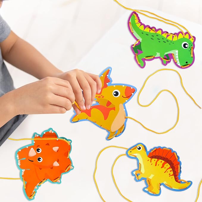 10 Pcs Kids Lacing Cards Double Sided Animal Sewing Cards Kits 10 Styles Lacing Toy Crafts for Toddler Ages 6+ Developing Imagination Preschool Learning Activity Supplies(Dinosaur Style)
