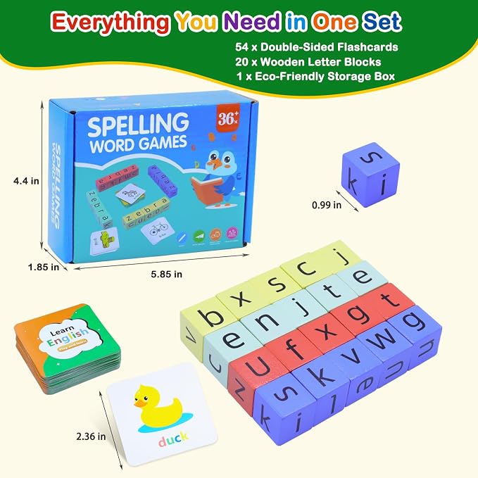 Spelling Games for Kids Ages 3-6, CVC Word Matching Letter Game, Phonics Learning Toy with 54 Flash Cards for Preschool Boys Girls