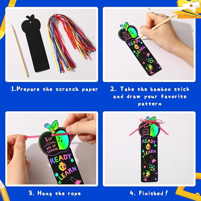 JUNEBRUSHS 30Pcs Welcome Back to School Scratch Bookmarks Rainbow Scratch | Back to School DIY Craft Kit, First Day of School Gifts for Students , Classroom Activity, Party Favors