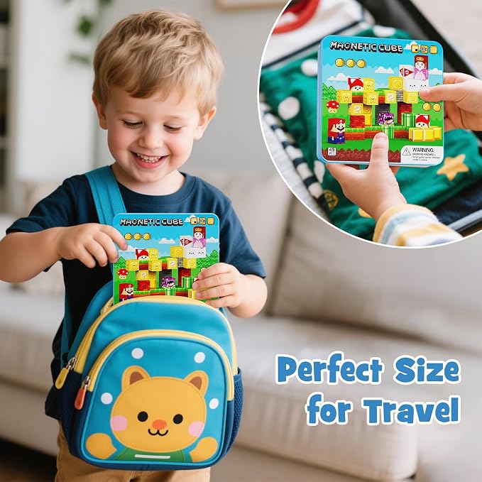 Travel Magnetic Blocks Kids Toys: 49 PCS Mini Magnets Cubes with Iron Box | Compact Play Base for Car Activities & Road Trips Games - Airplane Essentials STEM Learning Toys for Toddlers Kids Ages 3-8