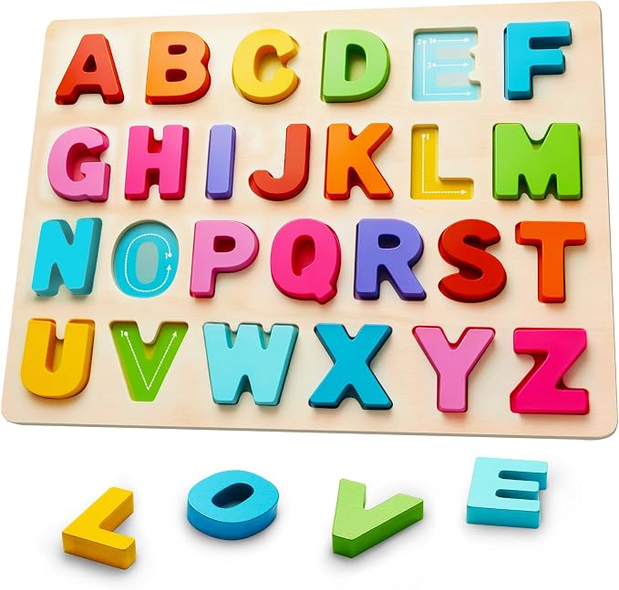 Wooden Alphabet Puzzles, ABC Learning Toys for Toddlers | Thick Easy-Grip Solid Wood Letters, Preschool Early Learning Activities, Montessori Birthday Gift for Girls & Boys