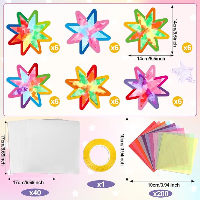 Qyeahkj 36 Set Summer Star Suncatchers Crafts for DIY Star Window Tissue Paper Craft Kit Art Ornament Hanging Decor for Home Activity Art Project Birthday Party Favors Gifts