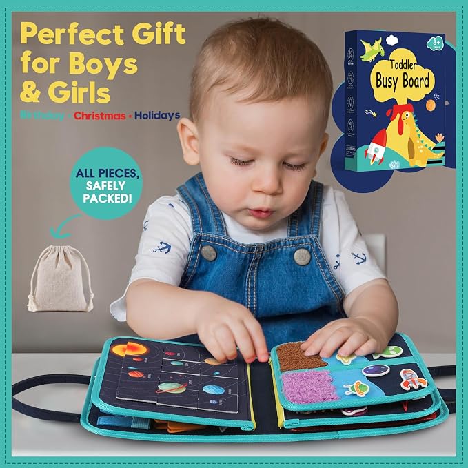 Toddler Sensory Busy Board: Travel Toy Activity Book for Girls Boys, Motor Skill Development Gift for Baby Aged 3-4 Years, Fine Educational Preschool Montessori Learning Toy for Car Airplane Space