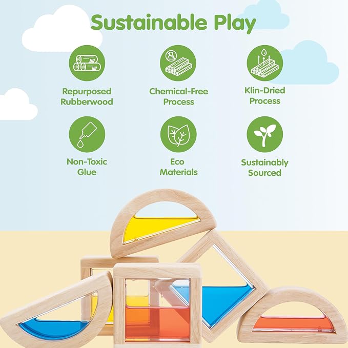 PlanToys® Water Blocks Wooden Montessori Sensory and STEM Building Toy | Light, Colour, Creativity and Fine Motor Skill Development | Eco Friendly Open Ended Learning Activity
