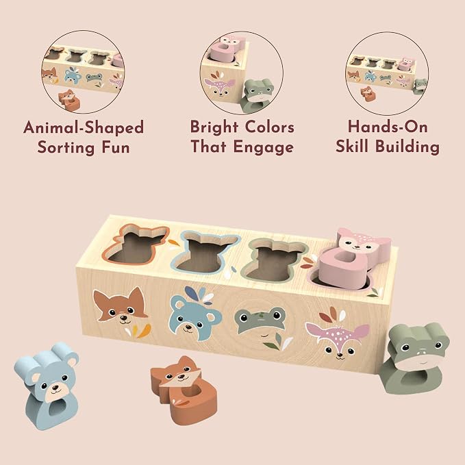 Wooden Animal Shape Box for Toddlers 12m+ Shape Sorter Toy | wooden animal shapes, shape sorter toys for toddlers, color recognition, cognitive play, fine motor skill, preschool learning