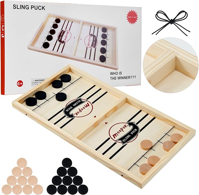 moopok Fast Sling Puck Game - Fast Action Super Foosball Table Desktop Battle Slingshot Wooden Air Hockey Board Game -Guaranteed Fun for Family Game Night or Friends Party