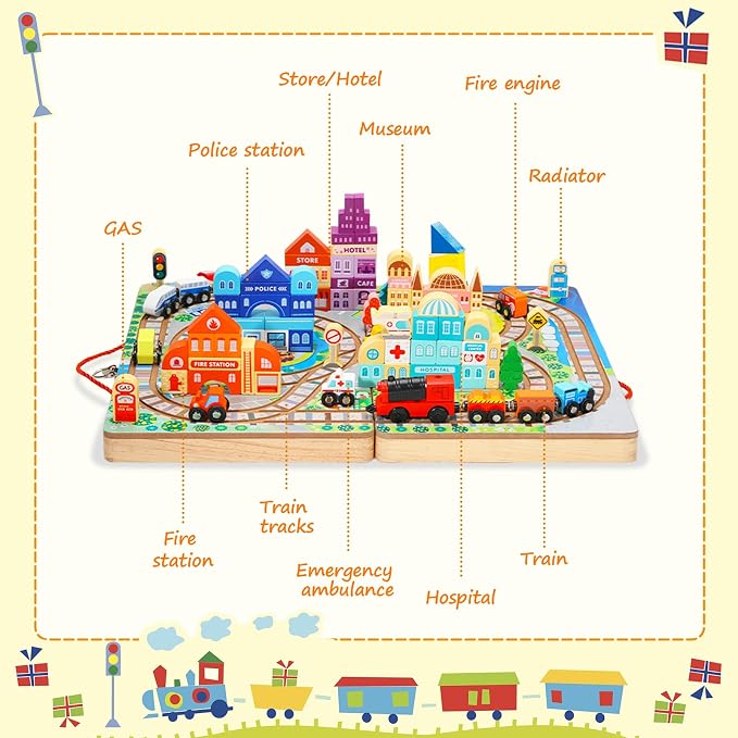 Adena Montessori Wooden Tabletop Train Set, Large, 3+ | Safe wood, 75 blocks + Train. Build tracks & city. Boosts motor, logic & creativity. Take-along tabletop. Gift 3+.