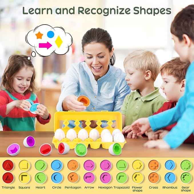 Matching Egg Toy 12 Pcs Develops Toddlers' Color & Shape Recognition Skills | Easter Basket Gift for Boys & Girls, Montessori Travel Toy for Kids 1-3, Fun Sorting Puzzle for Daily Early Education