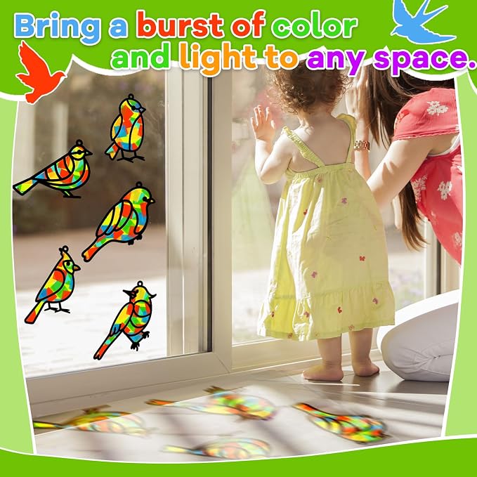 Lonfliness 32 Sets Bird Suncatchers Craft Kit DIY Birds Window Stained Glass Effect Paper Spring Home School Classroom Decoration Art Craft Creative Activity Project Gift Favor