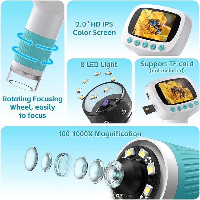 Pocket Kids Microscope for Over 3 Years Old, 1000X Handheld Microscope for Kids w/2''IPS Digital, Photo Video Mini Portable Microscopes, Science Edu Digiscope,Christmas Birthday Gifts for Kids